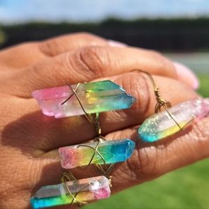 Rainbow Cristal Ring,Wire Wrapped Ring, Light Pink Cristal Ring